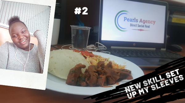 a laptop with pearls agency logo middle ground a plate of fried meat and ugali, a glass of water and in the foreground to the left a selfie pic on the side